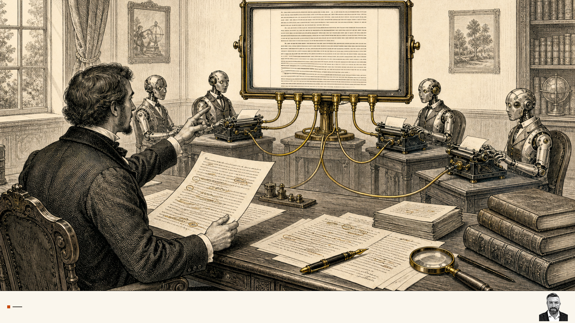 Editorial engraving of an author directing AI assistants at connected typewriters as a manuscript forms on a central screen